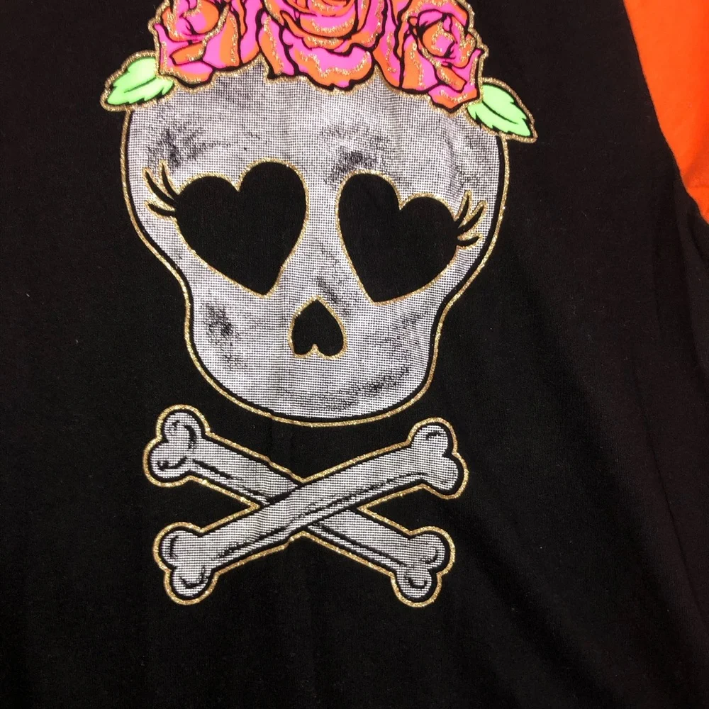 Halloween girls long sleeve shirt size 10/12 skull day of the dead orange black